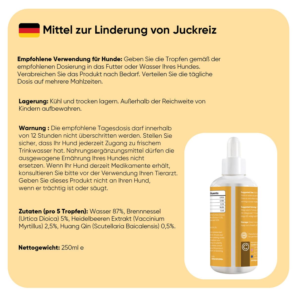 Juckreiz Linderung für Hunde 250 ml Flüssigkeit