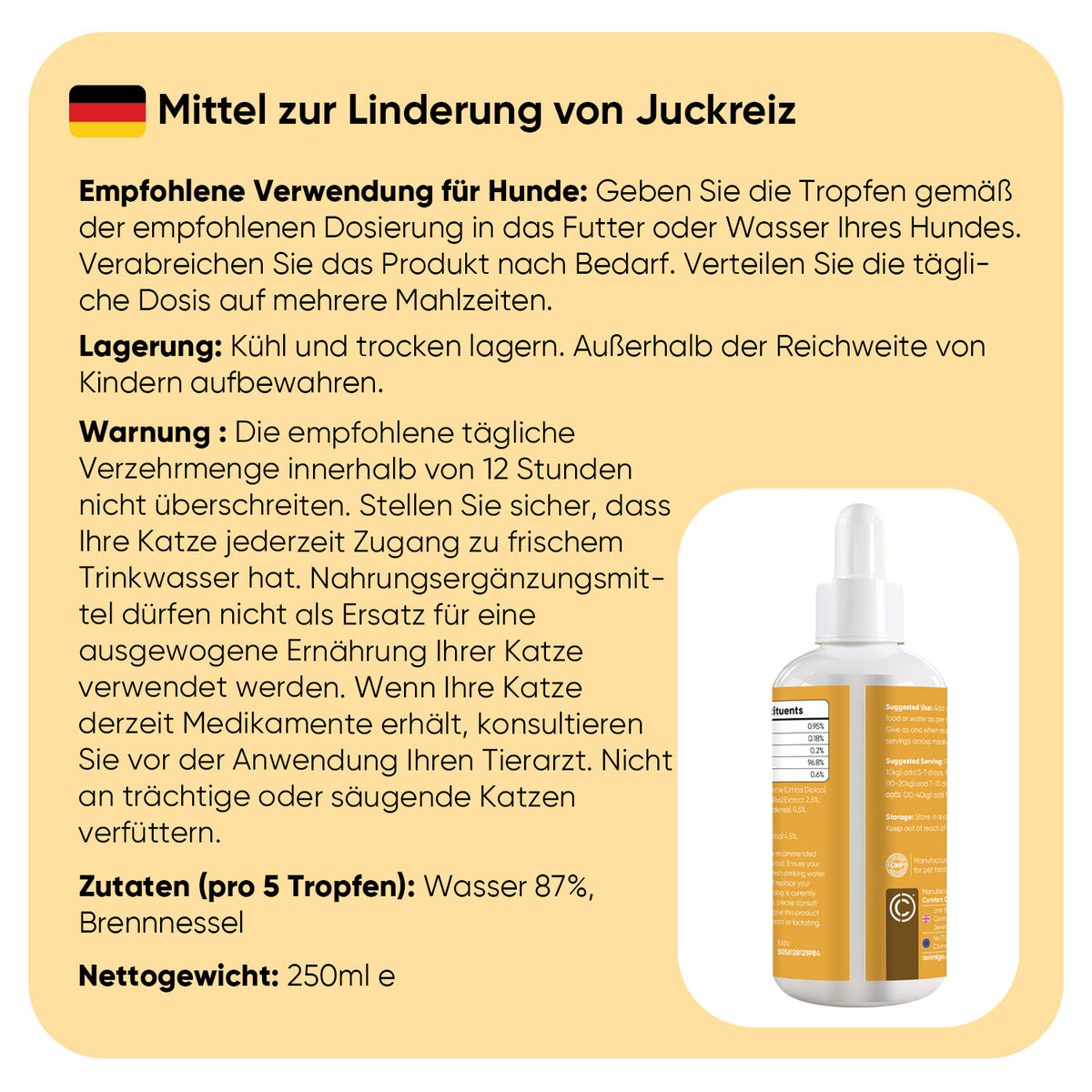 Juckreiz Linderung für Katzen 250 ml Flüssigkeit